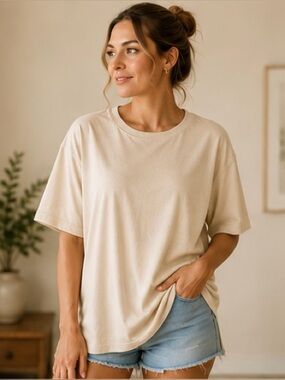 EKOUAER Cream Oversized Side-Slit Relaxed Tee Size XL